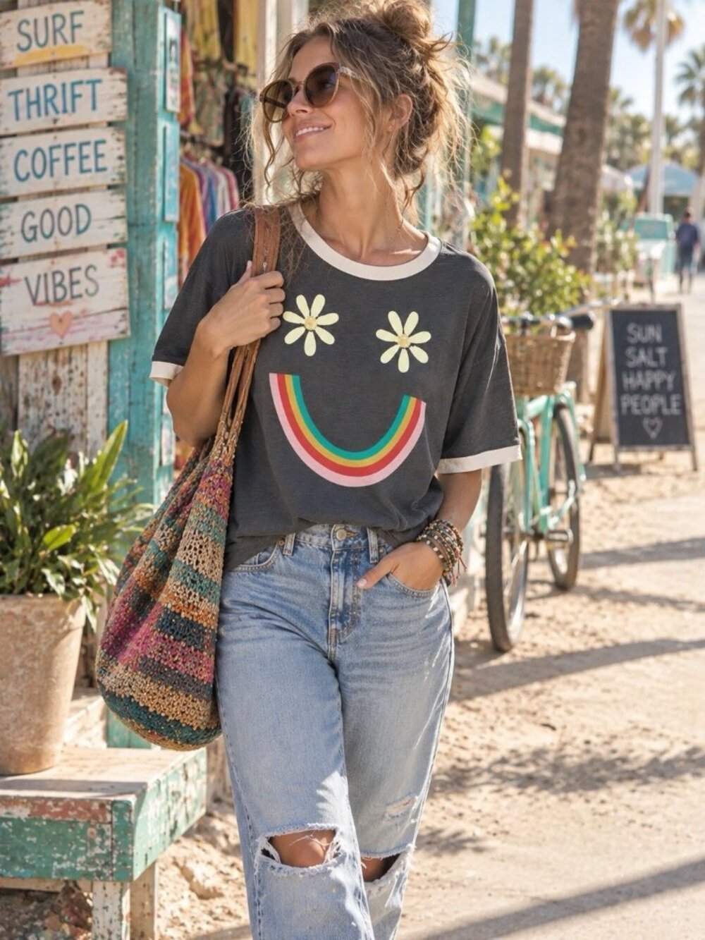 Natural Life Womens Oversized Ringer Tee Sz Small Charcoal Gray Boho Floral Face